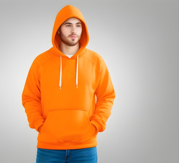 Young man wearing blank orange hoodie mockup print presentation mockup ai generate