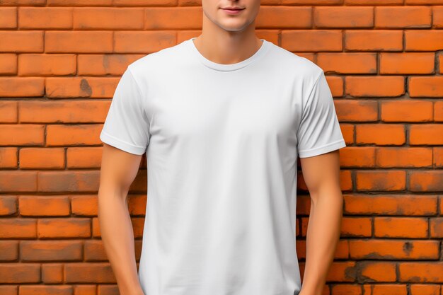 Young man wearing blank white tshirt in front of the brick wall Mockup tshirt template