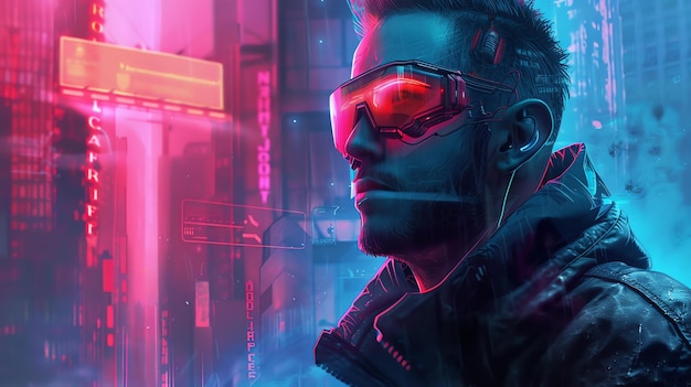 A young man wearing futuristic glasses stands in a dark alleyway The city lights reflect off his glasses creating a colorful and vibrant scene