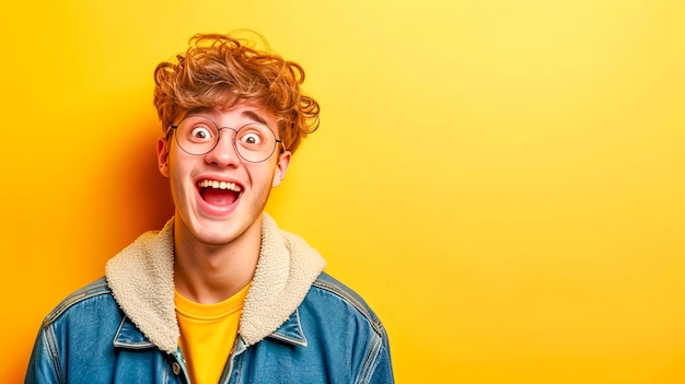 A young man wearing glasses and a blue jacket is making a surprised face copy space