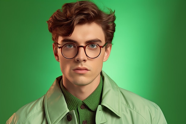 A young man wearing glasses for men with a green