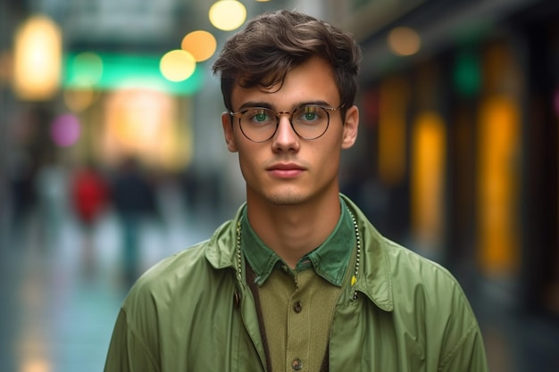 A young man wearing glasses for men with a green