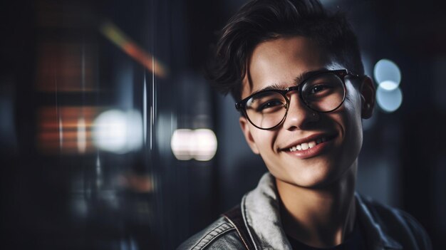 A young man wearing glasses smiles at the camera.