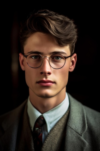 A young man wearing glasses with a grey suit and tie.