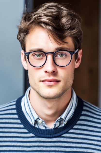 A young man wearing glasses with the word glasses on it