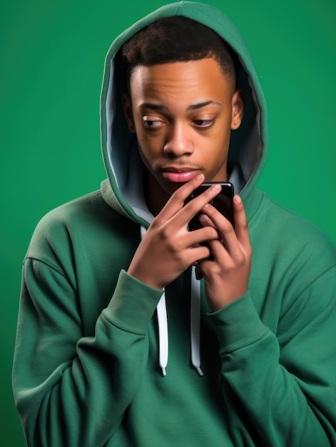 A young man wearing a green hoodie with the word " on it "