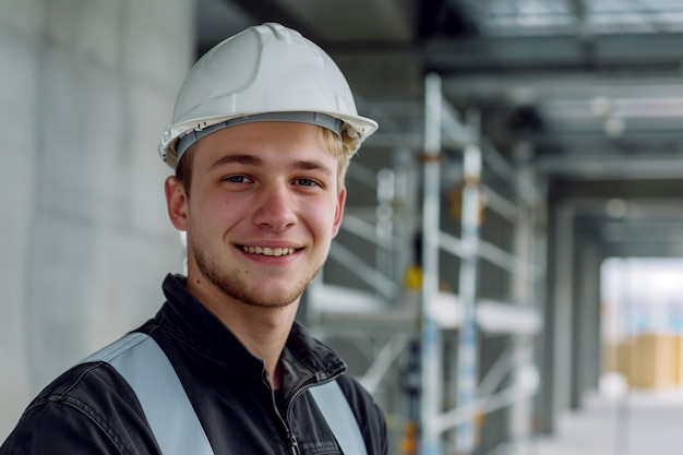 Photo a young man wearing a hard hat and a jacket