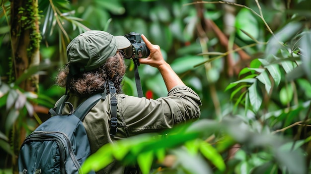 A young man wearing a hat and backpack is taking pictures of the lush green foliage in a tropical rainforest