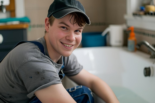 Photo a young man wearing a hat sits in a tub with a smile on his face