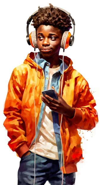 A young man wearing headphones and listening to music generative ai image