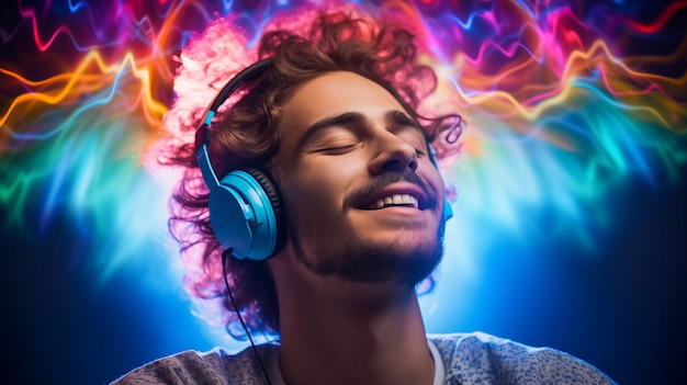 Young man wearing headphones listening to music on neon background