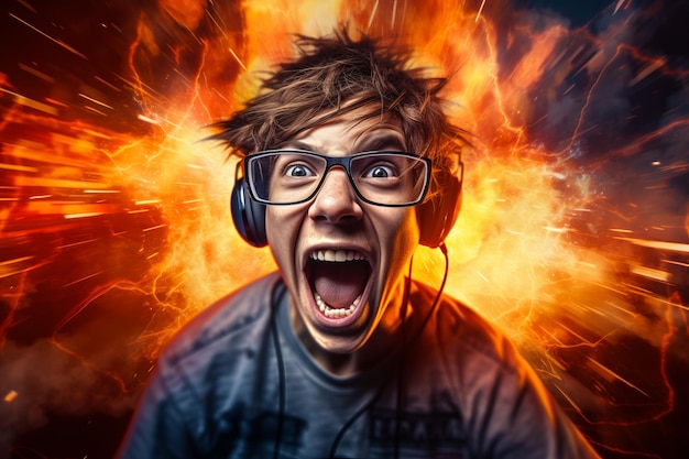 Young man wearing headphones and screaming with fire in the background Generative AI