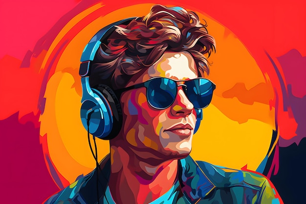Young man wearing headphones and sunglasses listening music on a colorful background Vibrant pop a