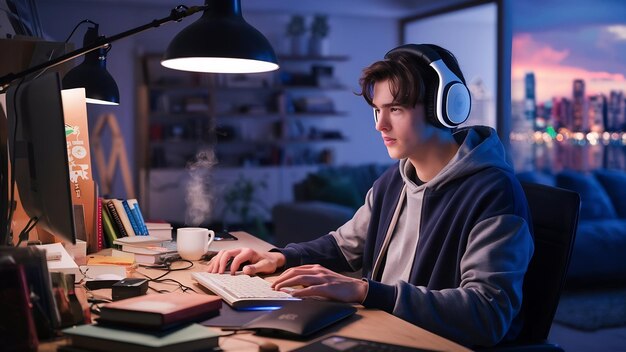 Young man wearing headphones and using computer at home