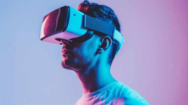 Foto giovane con un auricolare vr, occhiali di realtà virtuale e tecnologia immersiva