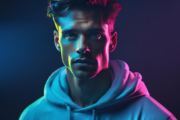 young man wearing hoodie young man wearing hoodie portrait of young man with colorful gradient light