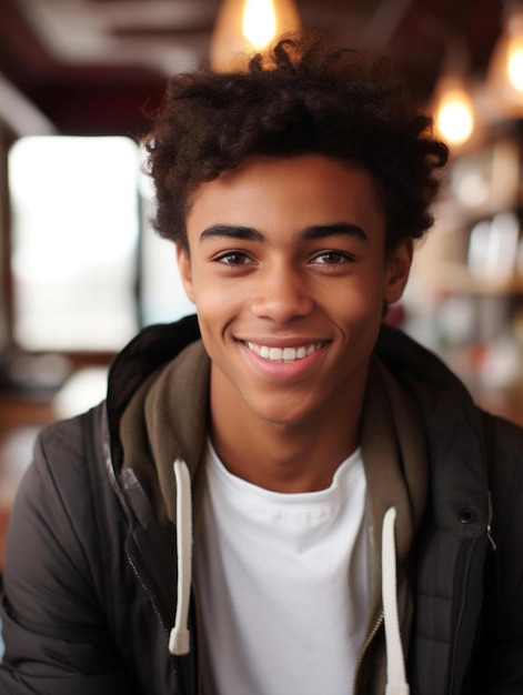 a young man wearing a jacket that says  hes smiling