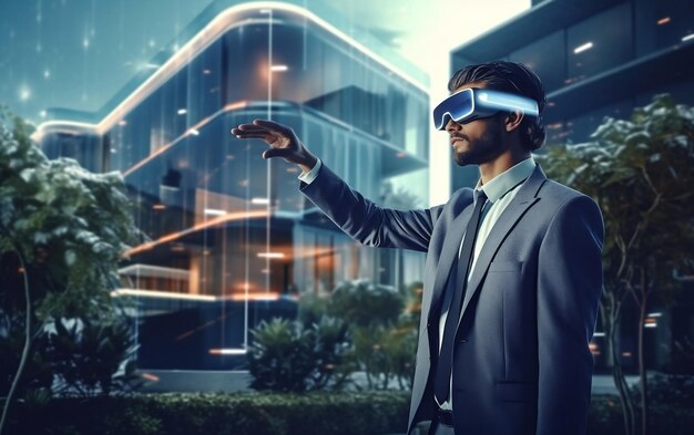 Foto giovane che indossa occhiali moderni per la realtà virtuale vr affari immobiliari che puntano il dito busi