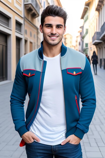 Foto giovane che indossa una camicia casual blu scuro sorridente sullo sfondo della città