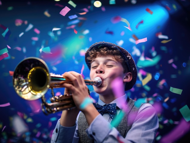 Young man wearing a party hat and blowing a trumpet at a New Year's party filled with confetti falls