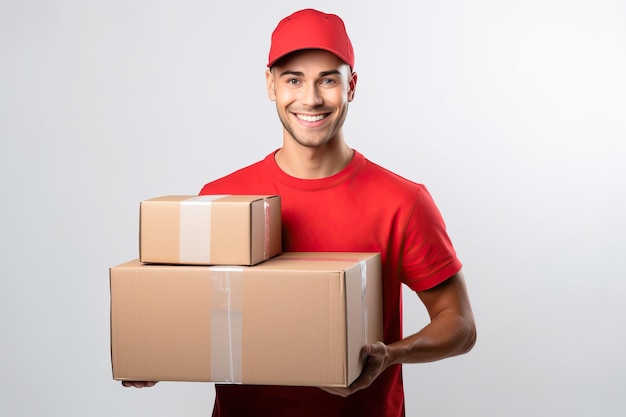 A young man wearing a polo shirt handed over a box of parcels to the side white background portrait