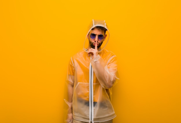 Young man wearing a rain coat keeping a secret or asking for silence