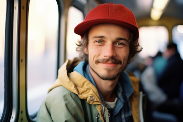 a young man wearing a red hat on a train