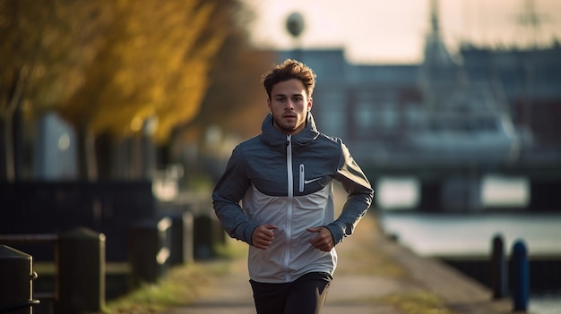 Молодой человек в спортивной одежде бегает по набережной утром