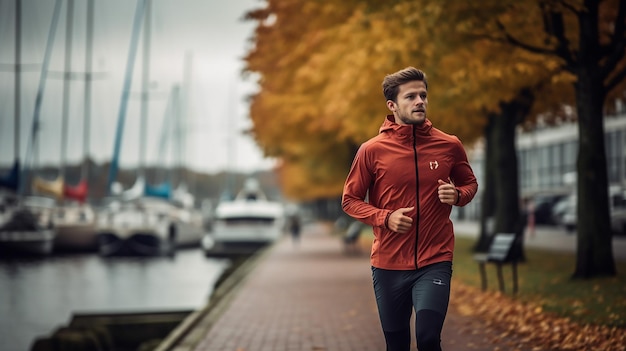 young man wearing sportswear and running at quay during morning