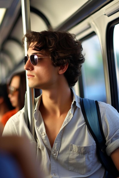 молодой человек в солнцезащитных очках в поезде