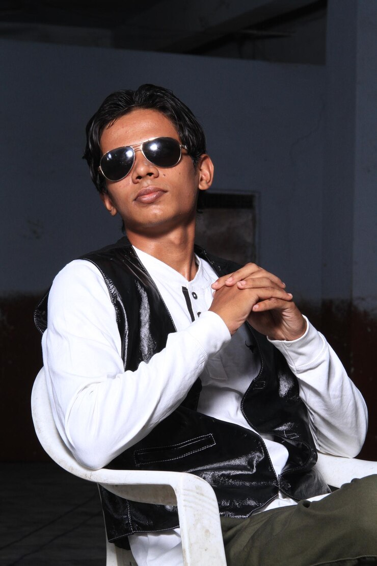 Photo young man wearing sunglasses while sitting on chair at home