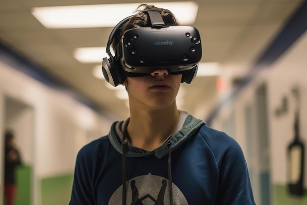 A young man wearing a virtual headset in a hallway generative AI