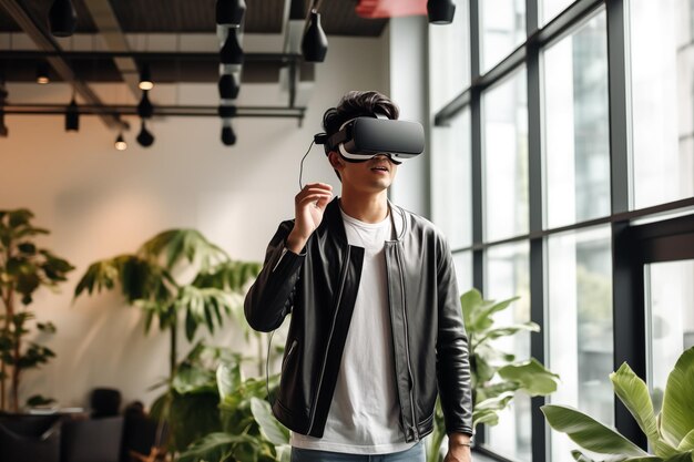 Photo young man wearing virtual reality glasses in modern interior design by generative ai