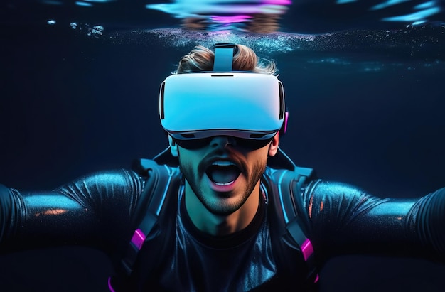 仮想現実のメガネを身に着けている若い男性が水中でメタバースにダイブするコンセプト
