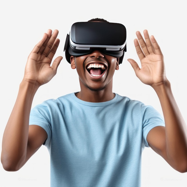 Young man wearing virtual reality glasses on white background