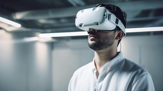 Young man wearing virtual reality goggles in dark room Future technology concept