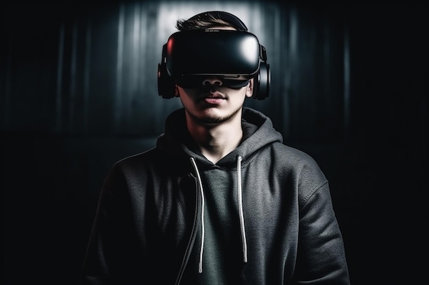 Молодой человек в очках виртуальной реальности Концепция будущей технологии Темный фон