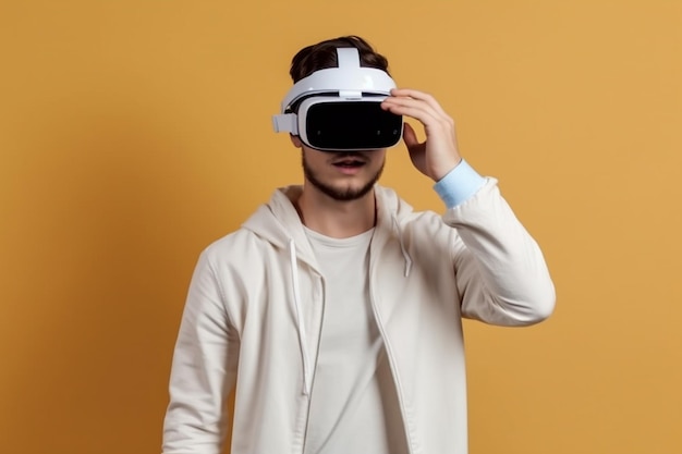 Young man wearing virtual reality goggles Isolated on solid background