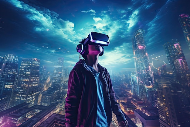 Young man wearing virtual reality goggles over night cityscape background 3D Rendering Man playing video games with virtual reality headset over night city background AI Generated