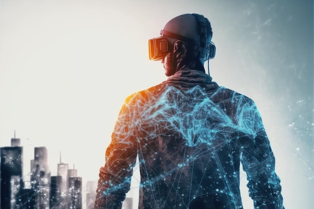 Молодой человек в очках виртуальной реальности стоит на фоне виртуального мира