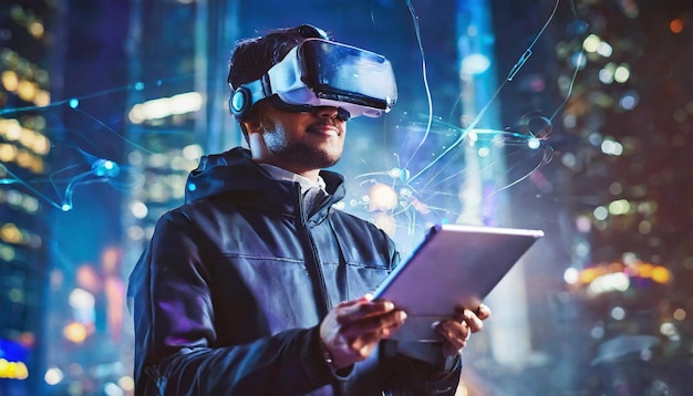 Young man wearing virtual reality goggles and using tablet in city at night