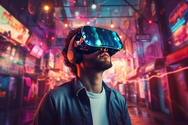 young man wearing virtual reality headset in metaverse digital native future technology