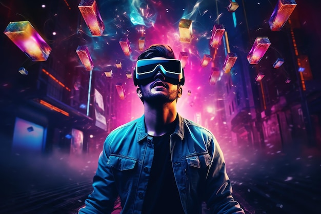 young man wearing virtual reality headset in metaverse digital native future technology