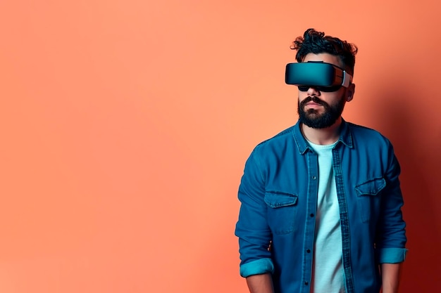 Young man wearing virtual reality simulator on orange background Generative AI