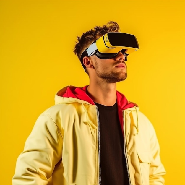 Young man wearing vr glasses created with generative ai technology