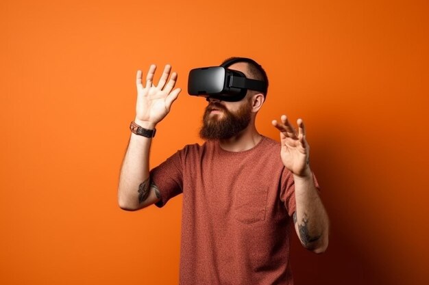 Young man wearing a vr headset gesturing with hand on solid background experiencing virtual reality