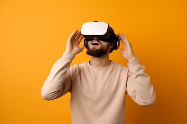 Young man wearing a vr headset gesturing with hand on solid background experiencing virtual reality