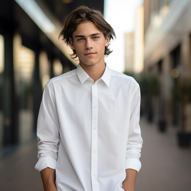 Foto giovane che indossa una camicia bianca a maniche lunghe