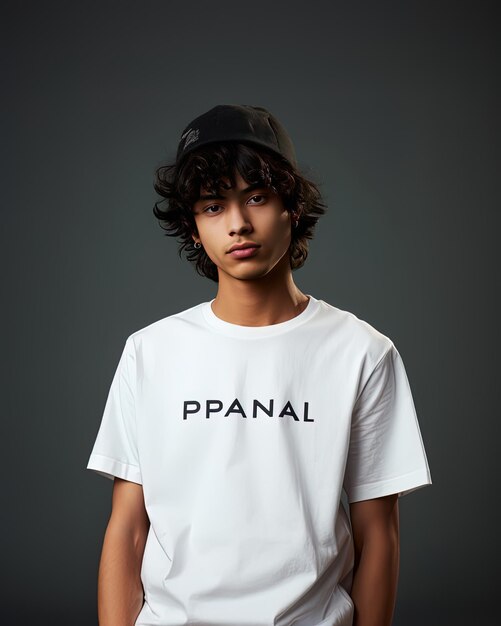 Photo a young man wearing a white shirt that says panas on it