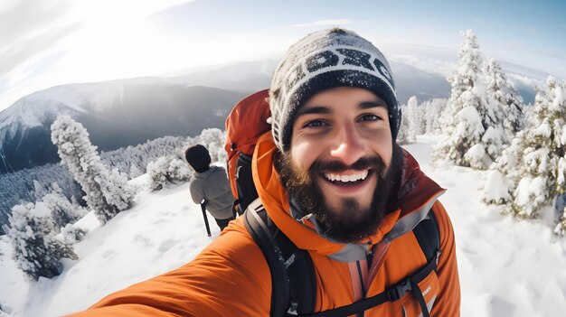 Young man wearing winter clothes taking selfie picture in winter snow mountain